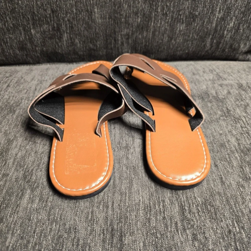 Brown Crisscross Toe‎ Loop Flat Slide Sandals Women Sz 10.5 Cognac Strappy Shoes